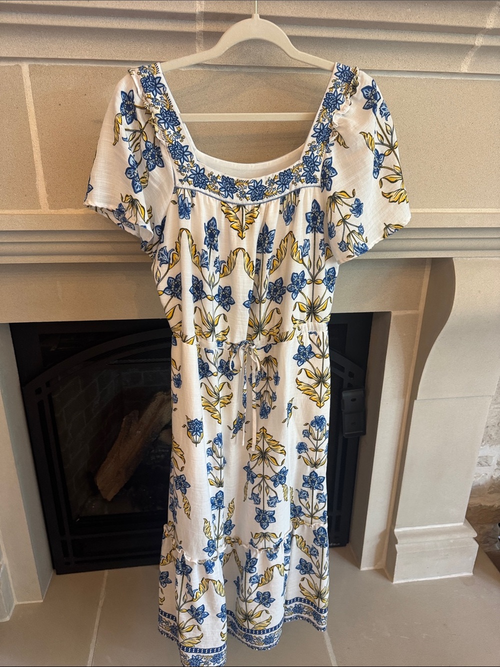 White Floral Blue and Yellow Print Midi Dress